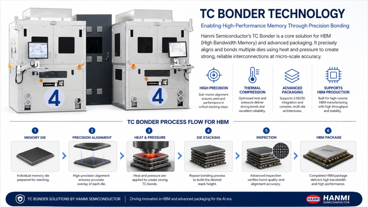 TC bonder technology infographic explaining precision alignment, heat and pressure, die stacking, inspection, and completed HBM package