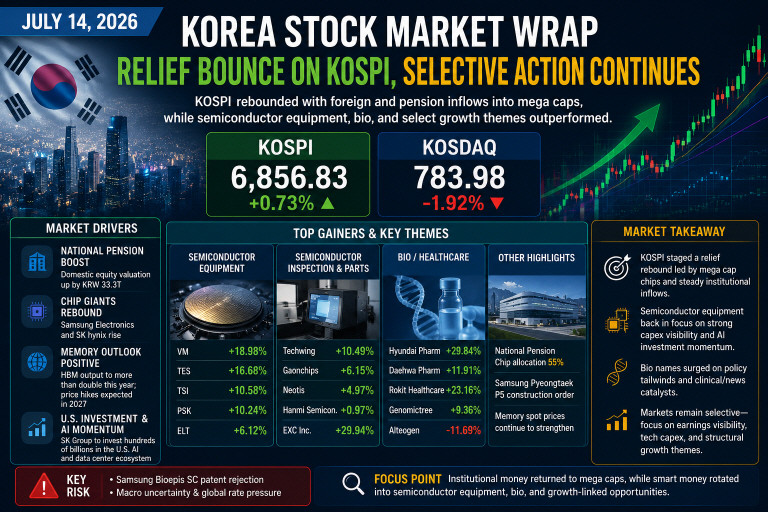 Korea stock market wrap July 14 2026 covering KOSPI KOSDAQ semiconductors power data centers biotech and special situation stocks