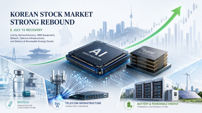 Korea stock market wrap July 15 2026 covering KOSPI KOSDAQ Samsung Electronics SK hynix HBM biotech telecom renewable energy and battery stocks