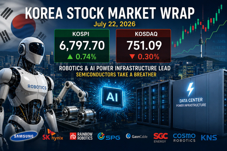 Korea stock market wrap July 22 2026 featuring KOSPI KOSDAQ robotics physical AI data center power and special situation stocks