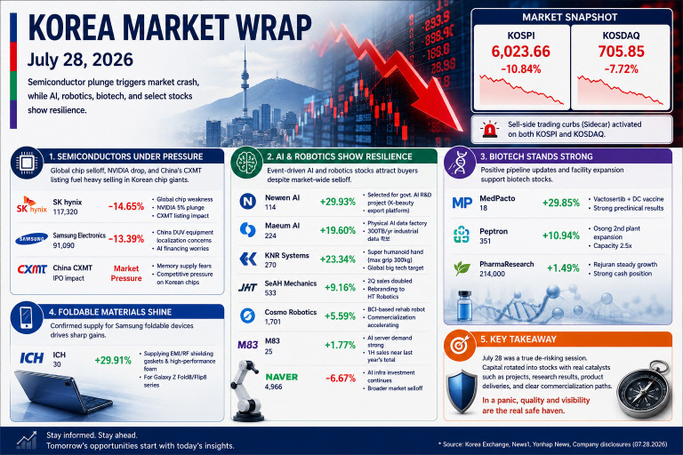 Korea stock market wrap for July 28 2026 showing the KOSPI crash and selective AI robotics and biotech strength