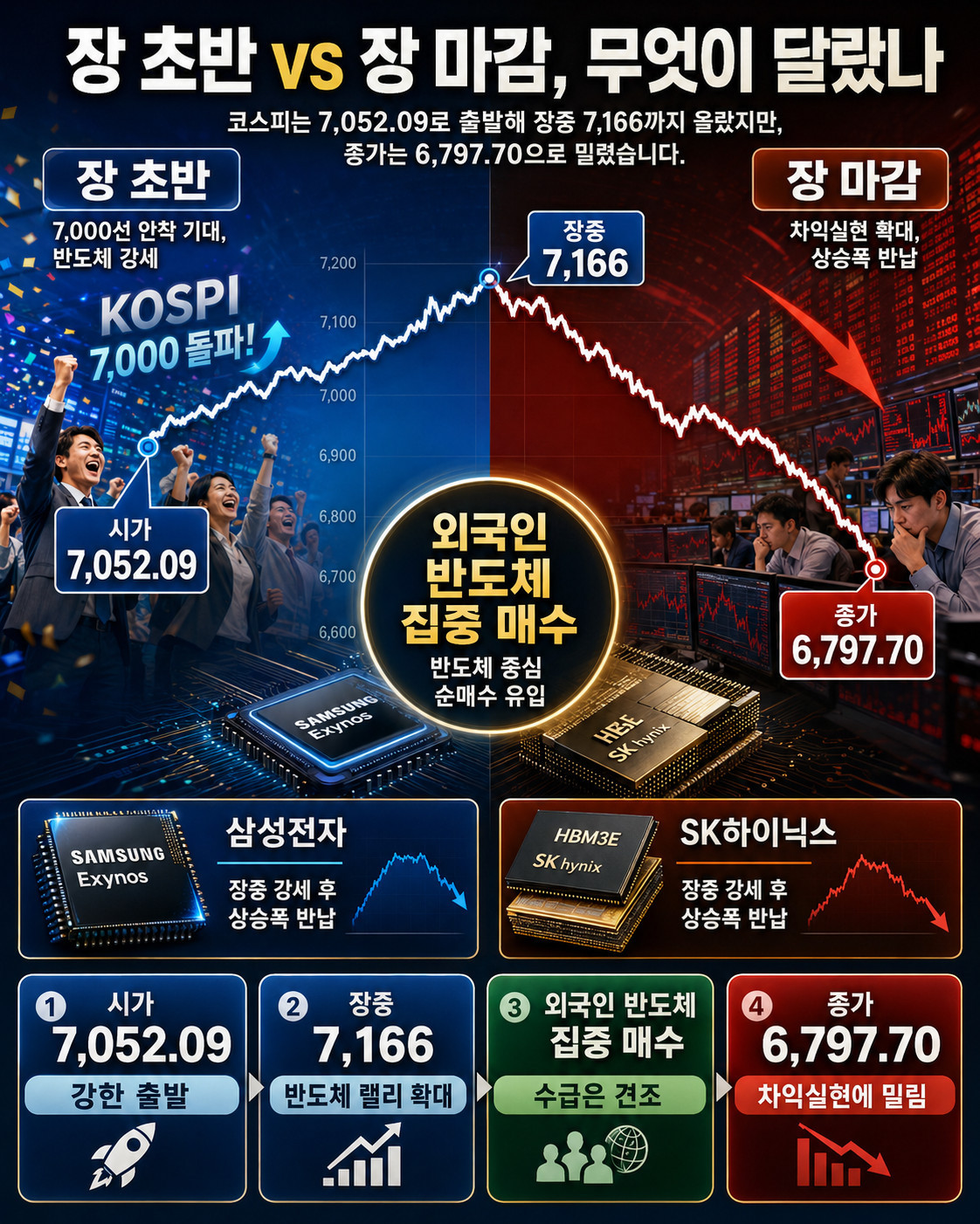 KOSPI 7000 intraday peak and 6797 close with Samsung SK Hynix foreign buying comparison