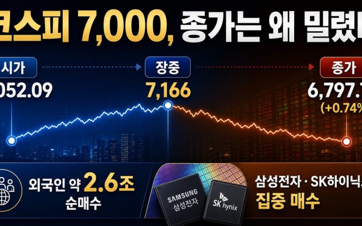 KOSPI 7000 intraday surge fading to a 6797 close despite foreign chip buying