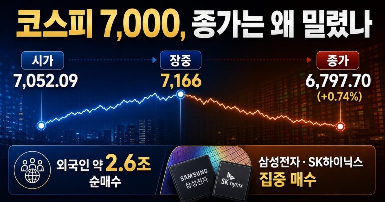 KOSPI 7000 intraday surge fading to a 6797 close despite foreign chip buying