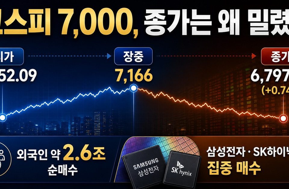 KOSPI 7000 intraday surge fading to a 6797 close despite foreign chip buying
