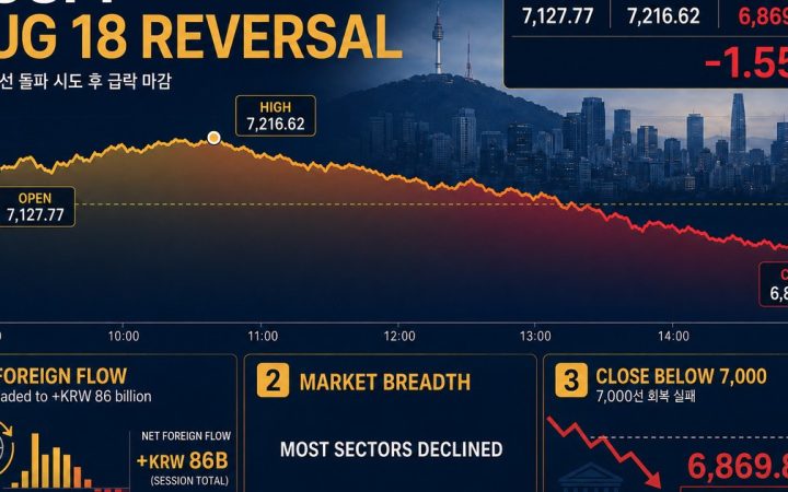 KOSPI close on August 18 showing the reversal from 7216 intraday to 6869 at the finish