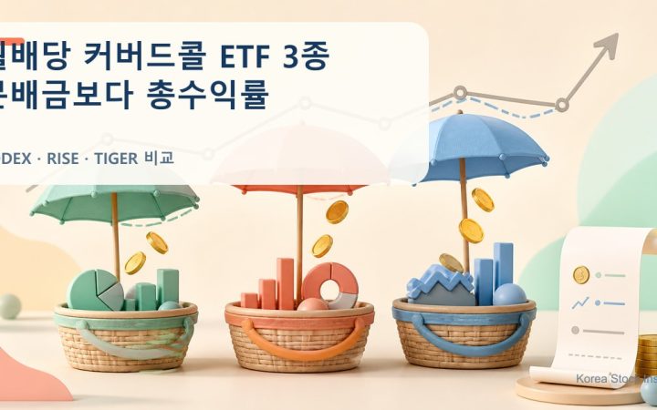 KODEX RISE TIGER 미국 배당 커버드콜 ETF 3종의 분배금과 총수익률을 비교한 밝은 금융 일러스트