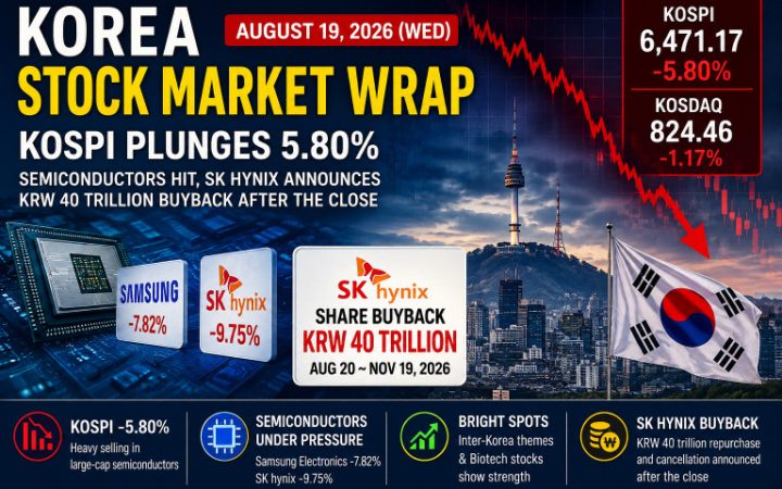 korea stock market wrap August 19 2026 KOSPI 5.8 percent drop Samsung Electronics SK hynix