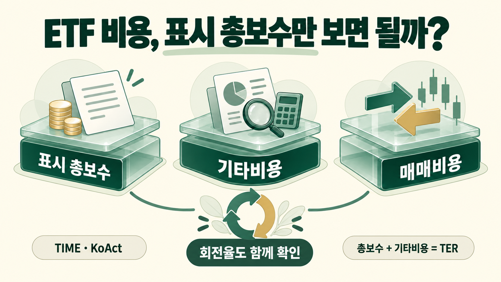 TIME과 KoAct의 표시 총보수 외 기타비용·매매비용·회전율을 함께 점검하는 비용 구조도