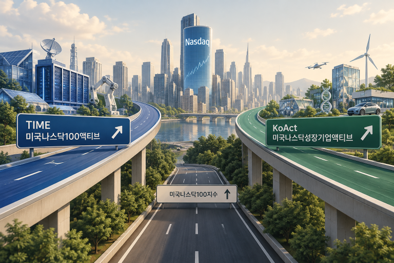 TIME과 KoAct 나스닥 액티브 ETF의 대형 기술주·차세대 성장주 운용 경로를 비교한 개념도