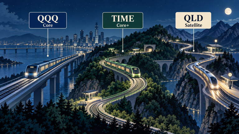 QQQ·TIME·QLD의 서로 다른 포트폴리오 역할을 Core·Core+·Satellite 노선으로 표현한 개념도