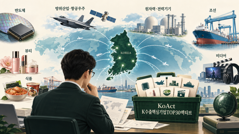 한국의 반도체·방산·원전·조선·K소비재 수출 산업을 선별하는 KoAct 액티브 ETF 개념도