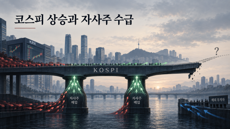 두 반도체 기업의 자사주 매수가 코스피 수급을 받친 구조를 다리와 안전판으로 표현한 개념도