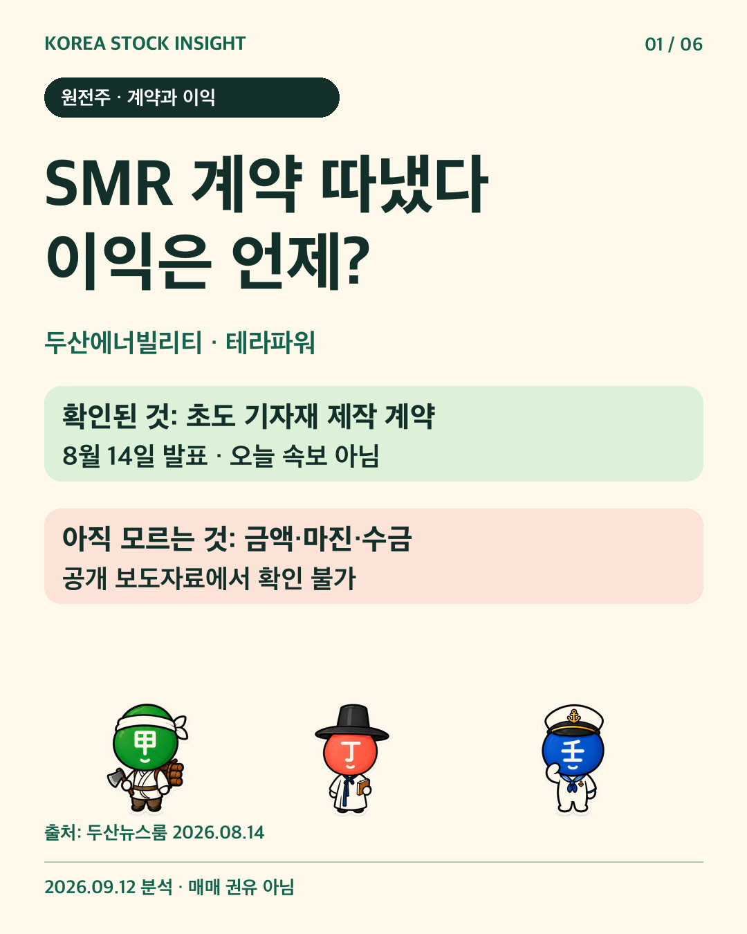 두산에너빌리티 SMR 초도 기자재 제작 계약. 이익 기여는 미확인. 원본 캐릭터 3개.