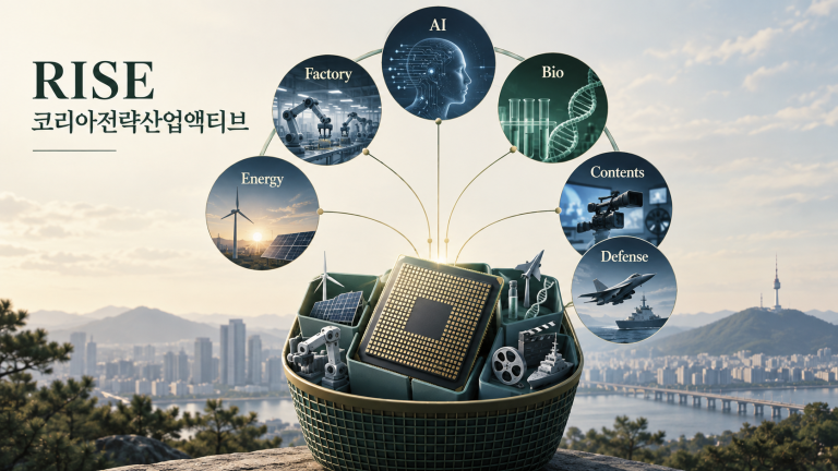 AI·바이오·콘텐츠·방산·에너지·제조 범위와 반도체 집중을 함께 보여주는 RISE 코리아전략산업액티브 개념도