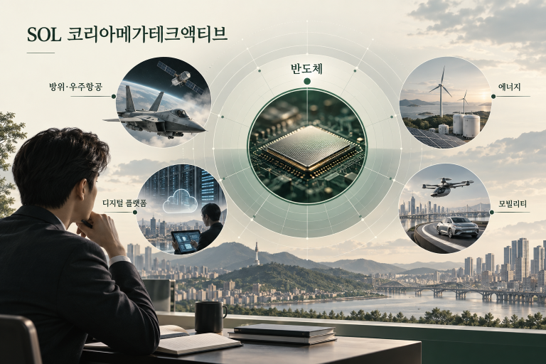 반도체를 중심으로 방산·플랫폼·에너지·모빌리티 메가트렌드를 선별하는 SOL 코리아메가테크액티브 개념도