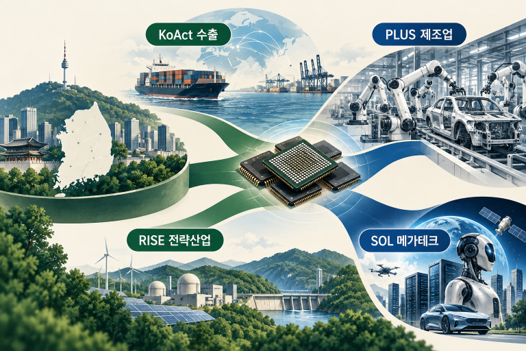 수출·제조업·전략산업·메가테크라는 네 가지 렌즈로 한국 액티브 ETF를 비교한 개념도