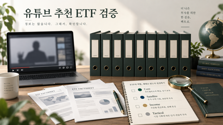 유튜브에서 추천된 8개 ETF를 공식 자료와 포트폴리오 역할로 재검증하는 조사 장면