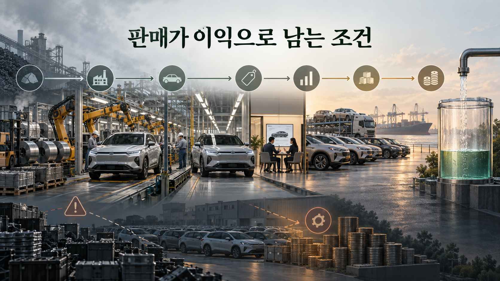 생산 정상화와 판매·제품 구성·할인·원가가 현대차 이익과 현금으로 이어지는 조건을 표현한 개념도