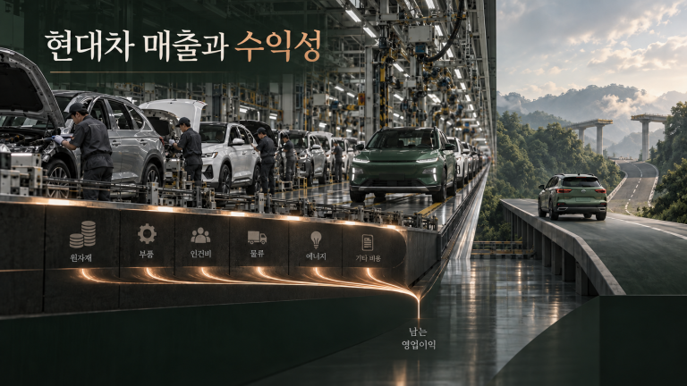 자동차 생산 확대와 줄어든 수익성, 하이브리드 회복 가능성을 함께 표현한 현대차 실적 개념도