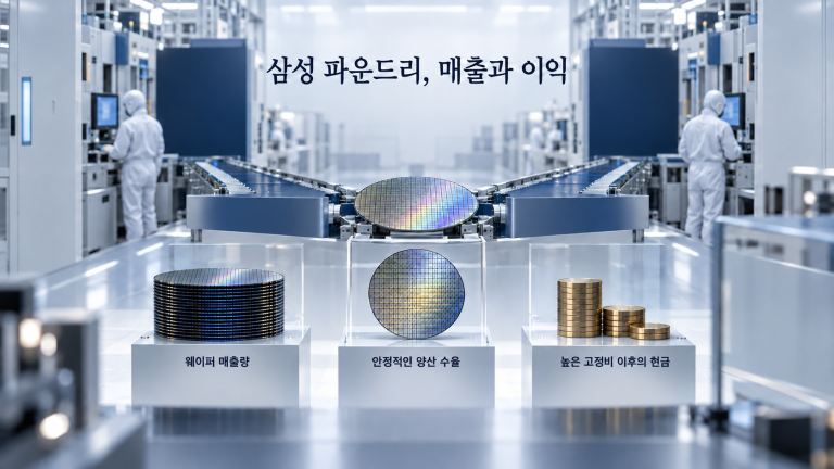웨이퍼 생산과 고정비 부담을 통해 삼성 파운드리의 점유율·기술·수익성을 분리해 표현한 개념도