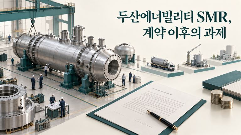 SMR 핵심 기자재 제작과 검사 과정을 통해 두산에너빌리티 계약의 다음 단계를 표현한 개념도