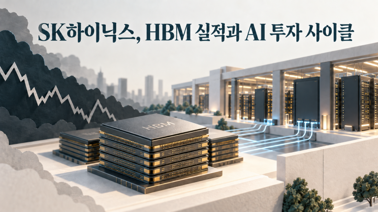 HBM 반도체와 데이터센터를 주가 변동과 대비해 표현한 SK하이닉스 AI 투자 사이클 개념도