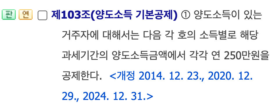 소득세법 제103조의 연 250만원 기본공제 규정 직접 캡처