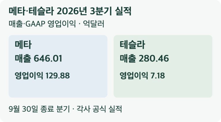 메타 매출646.01 영업이익129.88, 테슬라 매출280.46 영업이익7.18억달러