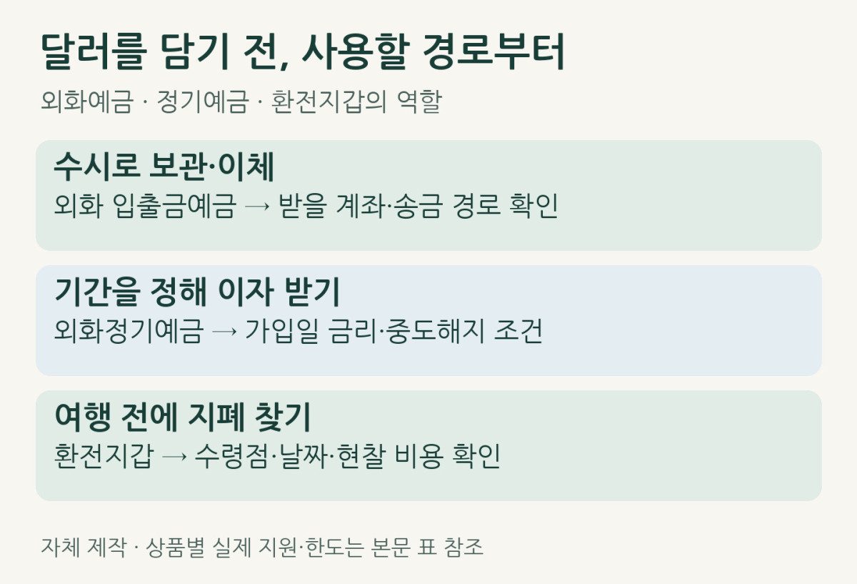달러 보관 목적별 거래 경로. 개별 은행·상품의 지원 범위는 본문 표를 따릅니다.