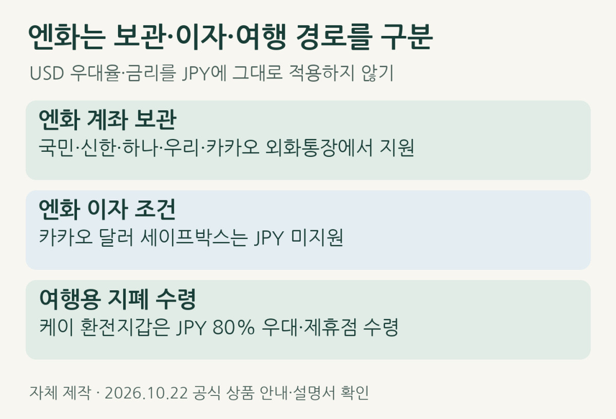 JPY 보관과 여행 수령 경로를 구분한 자체 도식. 실제 앱 화면이 아닙니다.