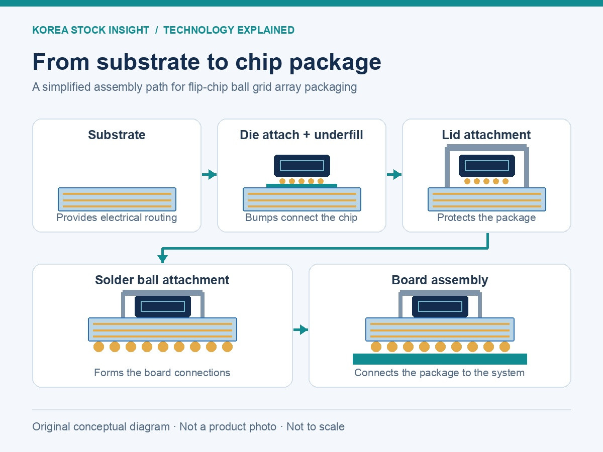 Original conceptual diagram of the FCBGA chip-package assembly path; not a product photo, not to scale.
