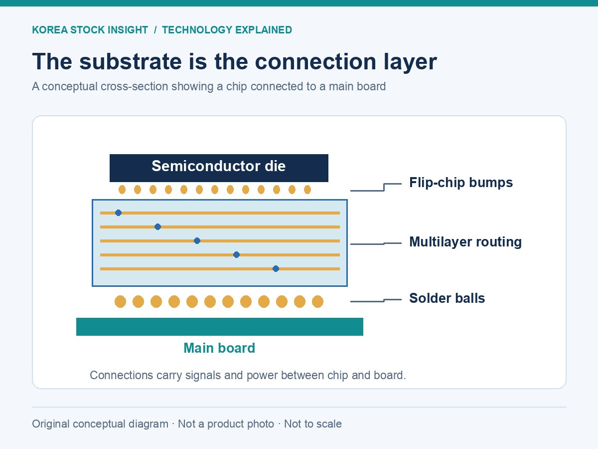 Original conceptual diagram of a chip, multilayer substrate and main-board connections; not a product photo, not to scale.